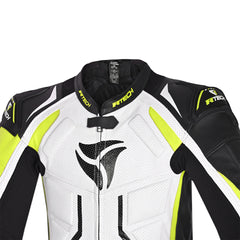 R-Tech Defender GP Tuta Moto In Pelle Racing Intera Bianco/Nero/Giallo 