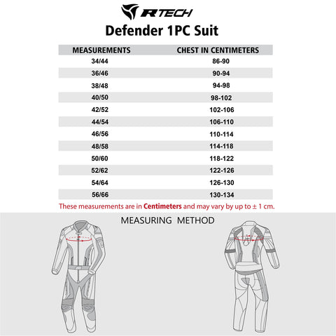 RTech Defender GP tute de moto Nero/ Blanco/ Rosso size chart