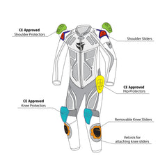R-Tech Defender GP Tuta Moto In Pelle Racing Intera Bianco/Nero/Giallo description 2